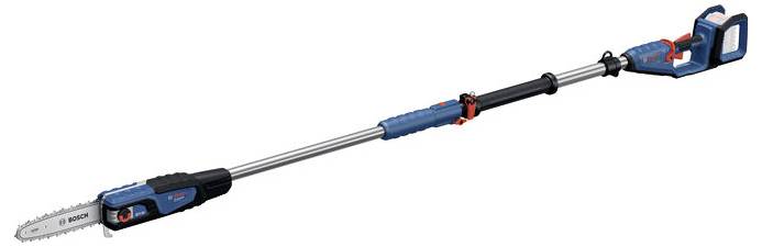 Teleskop-Astsäge mit ausziehbarem Griff und Sägeblatt, geeignet für das Schneiden von hohen Ästen. Markenname auf Gerät sichtbar.