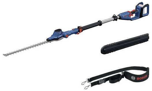 Kabellose Akku-Heckenschere mit Teleskopgriff, Schutzhülle und Gurt von Bosch, geeignet für das Trimmen hoher Hecken.