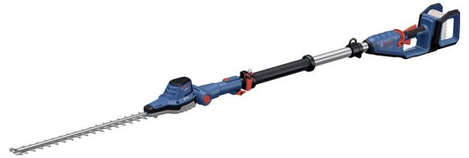 Teleskop-Heckenschere mit blauem und schwarzem Griff, teleskopierbarem Stab und Klingenbalken zum Schneiden von hohen Hecken.