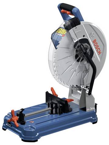 Schneidemaschine von Bosch in Blau und Silber, mit schwarzem Griff und rotem Hebel, auf einer blauen Basis montiert.
