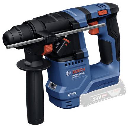 Ein blau-schwarzer Bosch Professional Bohrhammer mit Griff und 18V Akku, geeignet für schwere Bohrarbeiten.