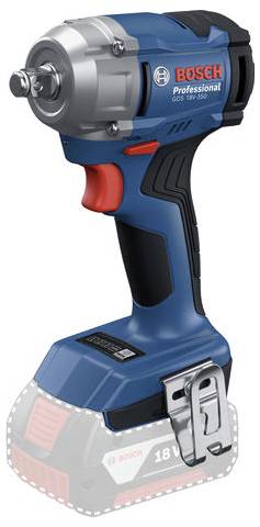 Ein blauer, akkubetriebener Schlagschrauber von Bosch mit rotem und schwarzem Griff, sichtbarem Herstellerlogo und silberner Spitze.