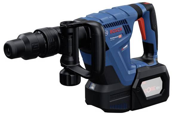 Ein blauer Akku-Bohrhammer mit schwarzem Griff und Bosch-Logo, geeignet für professionelle Bauarbeiten.
