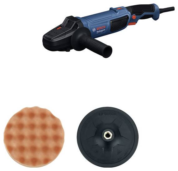 Poliermaschine mit blauem Gehäuse und schwarzem Griff, darunter ein gewellter Polierschwamm in Orange und eine schwarze Polierscheibe.