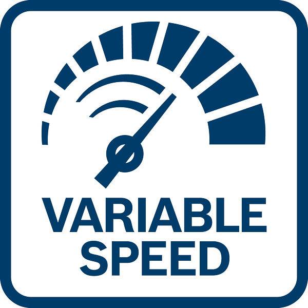 Ein blaues Symbol zeigt ein Tachometer mit einem verstellbaren Zeiger und den Text 'VARIABLE SPEED', was auf variable Geschwindigkeit hinweist.