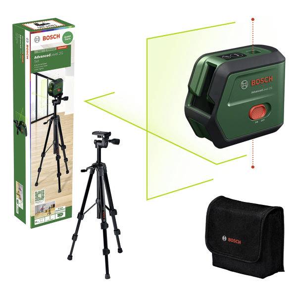 Laser-Wasserwaage von Bosch auf Stativ mit Schutztasche; zeigt präzise grüne Linien für genaue Messungen, ideal für Bauarbeiten.