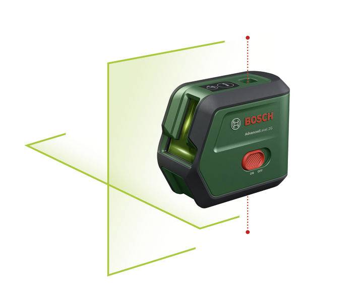 Bosch Laser-Nivelliergerät zeigt grüne Linien für präzise Ausrichtung, kompakt und handlich, geeignet für Heimwerkerprojekte.