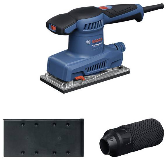 Eine blaue elektrische Schleifmaschine mit dazugehörigem Zubehör: eine schwarze Schleifplatte und ein schwarzes Griffstück.