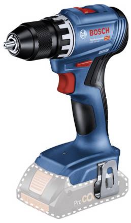 Elektrische blaue Bosch-Bohrmaschine ohne eingesetzten Akku, mit schwarzem Griff und Bohrfutter, markantem rotem Schalter.