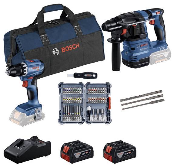 Akkubohrer-Set von Bosch mit zwei Bohrern, Zubehör in einem Koffer, Ladegerät und zwei Ersatzakkus. Ideal für Heimwerkerarbeiten.