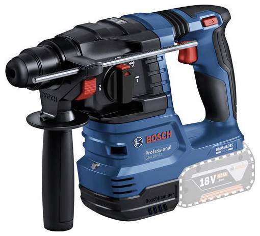 Ein blauer Akku-Bohrhammer der Marke Bosch mit schwarzem Griff und rotem Schalter. Geeignet für professionelle Anwendungen.