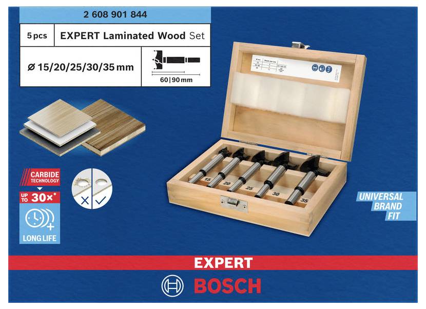 Holzkasten mit fünf Fräsbohrern verschiedener Größe. Aufschrift: 'EXPERT Laminated Wood Set'. Geeignet für 15-35 mm Lochgrößen.