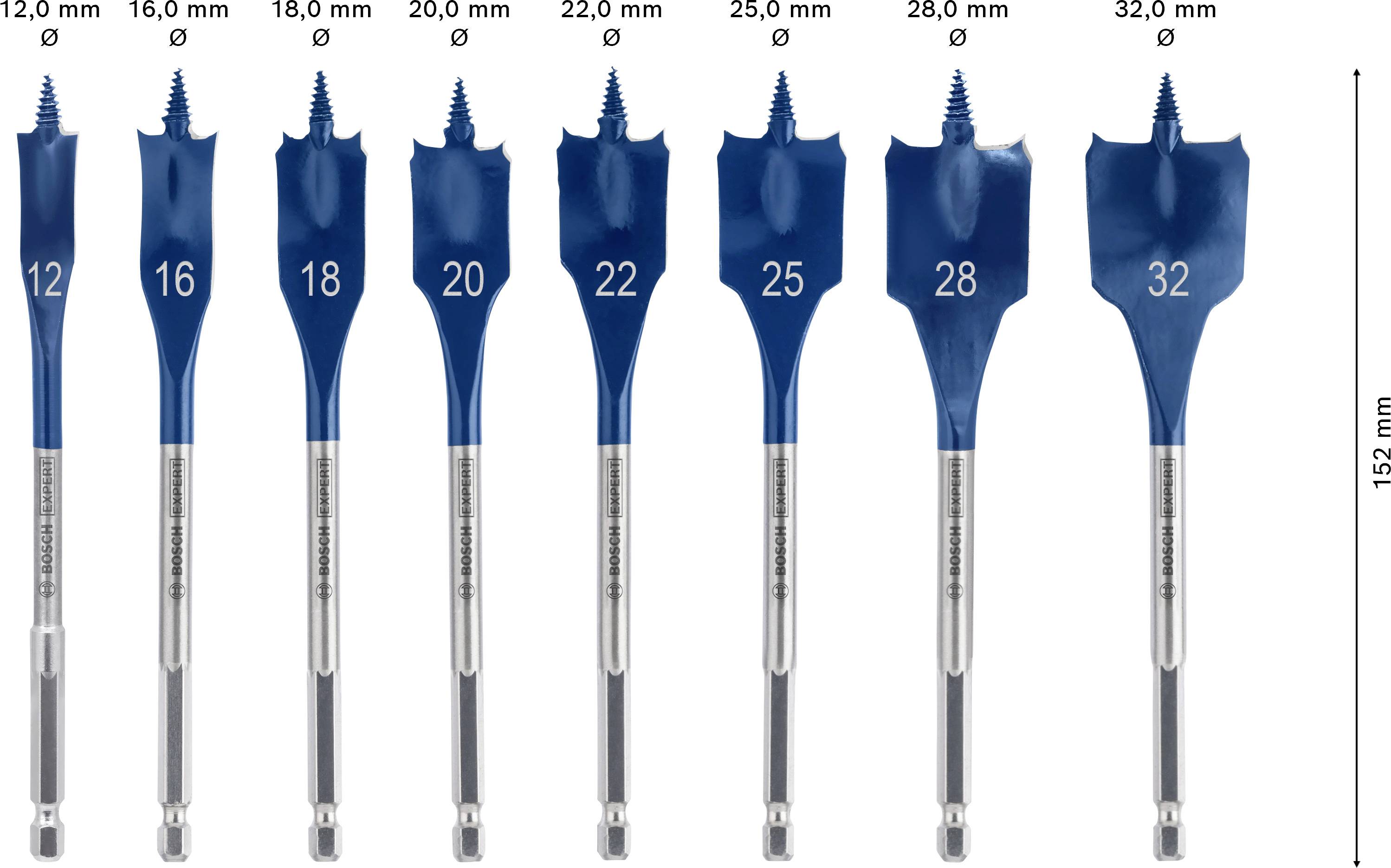 Acht blaue Holzbohrer in unterschiedlichen Größen von 12 bis 32 mm Durchmesser, aufgereiht nebeneinander, mit Längenmaß daneben.