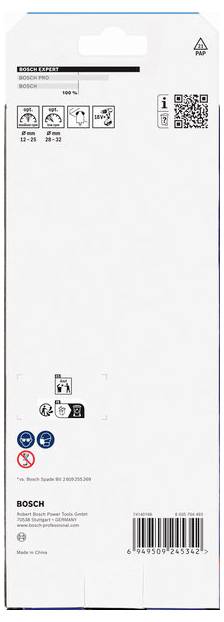 Rückseite einer Bosch-Produktverpackung mit Anweisungen, Symbolen und einem QR-Code. Enthält auch Produktionsinformationen und Hinweise.