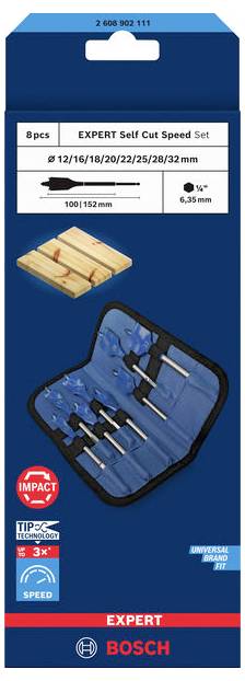 Verpackung eines 'EXPERT Self Cut Speed' Bohrersets von Bosch. Enthält 8 Bits in verschiedenen Größen, ideal für schnelles Bohren in Holz.