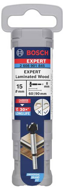 'Bosch Expert Laminated Wood' Bohrkopf, 15 mm Durchmesser, 60/90 mm Länge, für Holz. Verpackung mit Symbol für lange Lebensdauer.