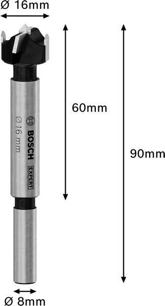 'Bosch Expert'-Forstnerbohrer, Durchmesser 16 mm, Gesamtlänge 90 mm, Schaftdurchmesser 8 mm, Bohrtiefe 60 mm, geeignet für Holz.