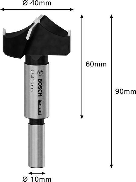 Forstnerbohrer, 40 mm Durchmesser, Gesamtlänge 90 mm, Schaftdurchmesser 10 mm. Bosch-Logo und 'EXPERT' Markierung auf dem Schaft.