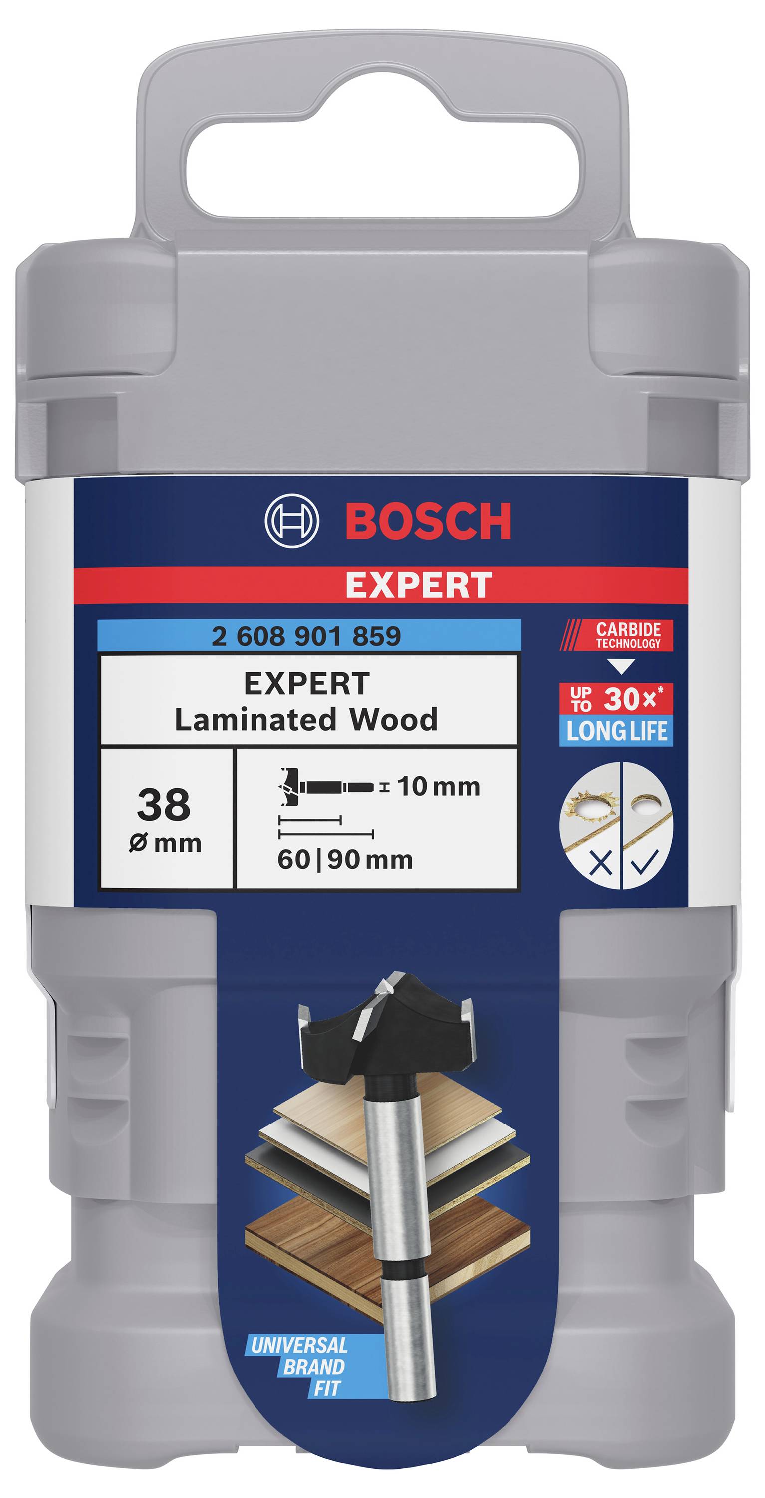 'Bosch Expert' Fräsbohrer-Verpackung mit Details: geeignet für Laminatholz, Durchmesser 38 mm, Länge 60/90 mm, verlängerte Lebensdauer.