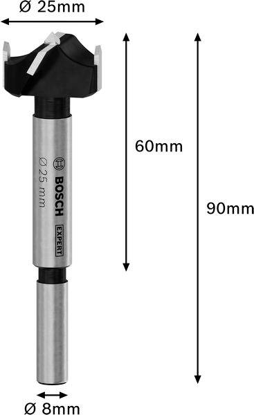 Forstnerbohrer von Bosch mit Maßen: Gesamtlänge 90 mm, Schaftdurchmesser 8 mm, Kopfdurchmesser 25 mm. Geeignet für präzise Bohrungen.
