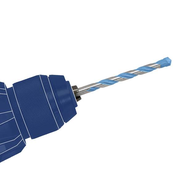 Ein blauer elektrischer Bohrer mit eingesetztem Bohrer.