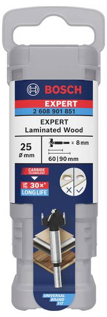 'Bosch Expert Laminated Wood' Verpackung für Fräser 9 mm mit 25 Stück. Eignet sich für 8 mm Laminate, bietet 30 % längere Lebensdauer.