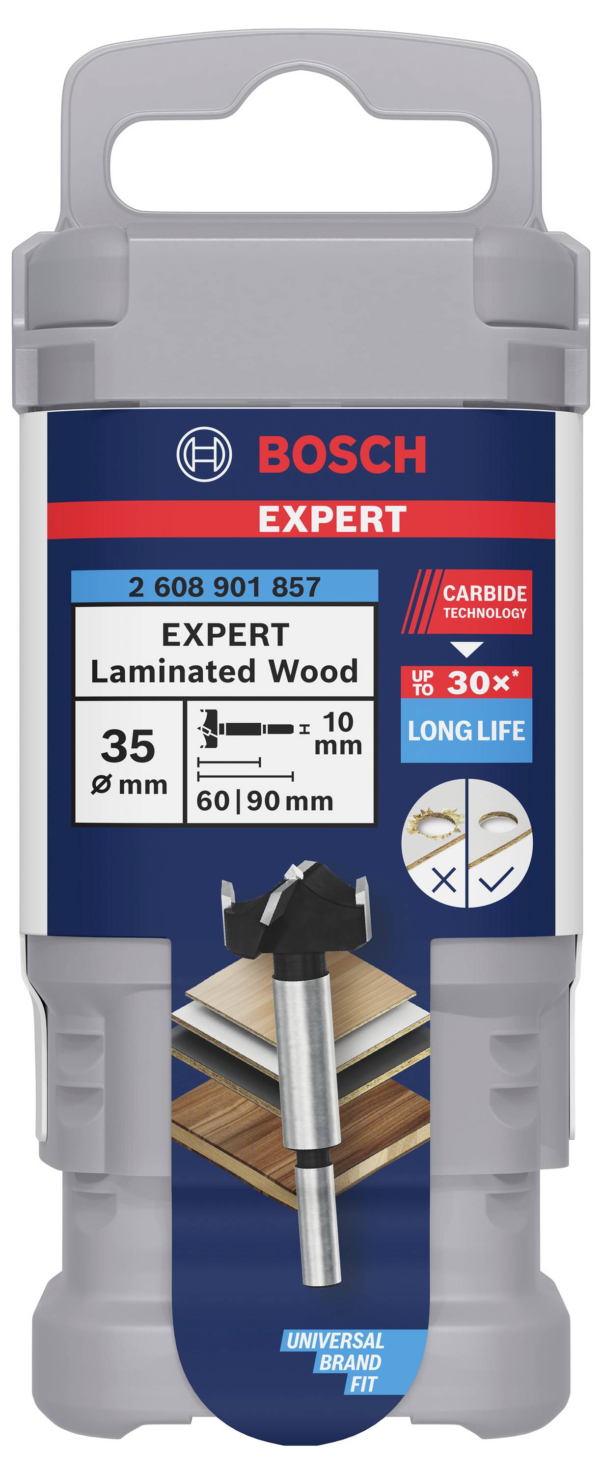 Verpackung einer Bosch Expert Fräse für laminiertes Holz, 35 mm Durchmesser, 10 mm Schaft, langlebig, geeignet für 60/90 mm Hölzer.