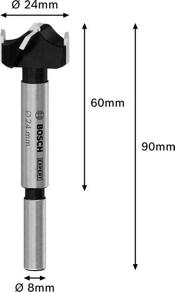 'Bosch Expert' Forstnerbohrer, Gesamtlänge 90mm, Durchmesser 24mm, Schaftdurchmesser 8mm. Metallgrauer Schaft, schwarzer Kopf.