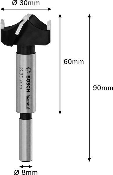 Forstnerbohrer von Bosch mit einem Durchmesser von 30 mm und einer Gesamtlänge von 90 mm. Schaftdurchmesser beträgt 8 mm.