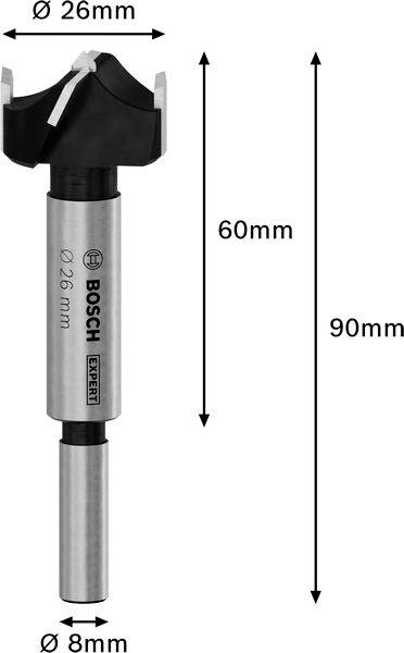 Forstnerbohrer mit Ø 26 mm, Gesamtlänge 90 mm, Schaft Ø 8 mm. Marka Bosch, geeignet für präzise Bohrungen in Holz.