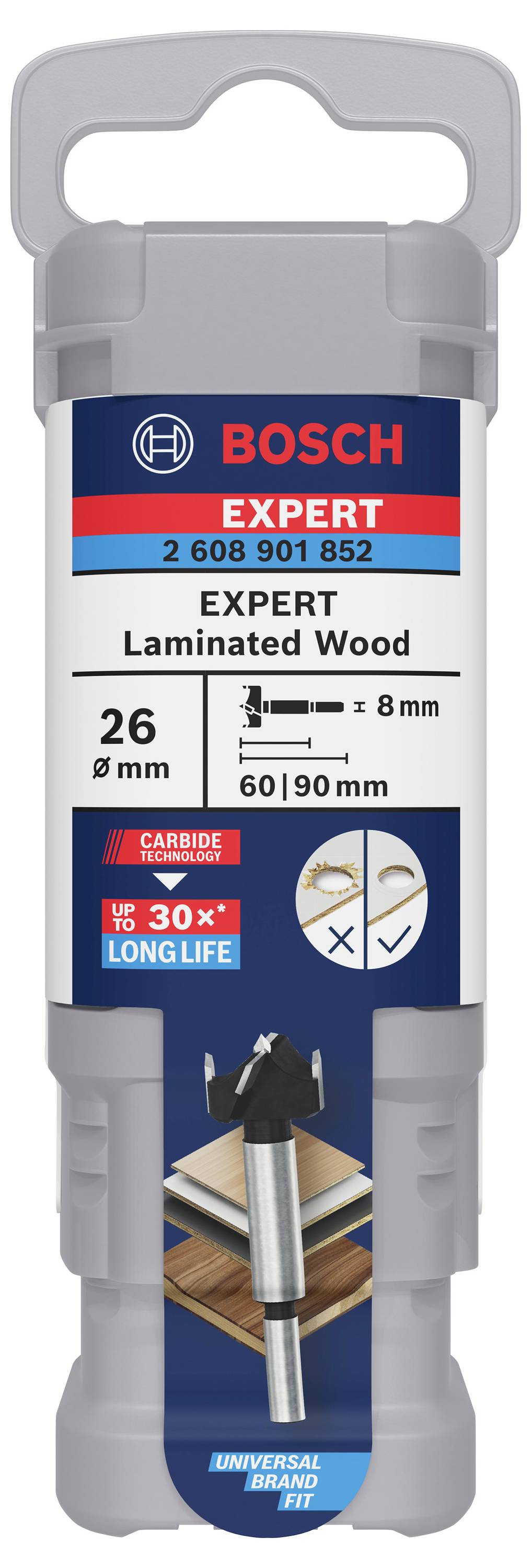 'Bosch Expert' Holzfräser-Verpackung zeigt 26 mm Durchmesser, 8 mm Schaft, geeignet für laminiertes Holz, erhöhte Langlebigkeit.
