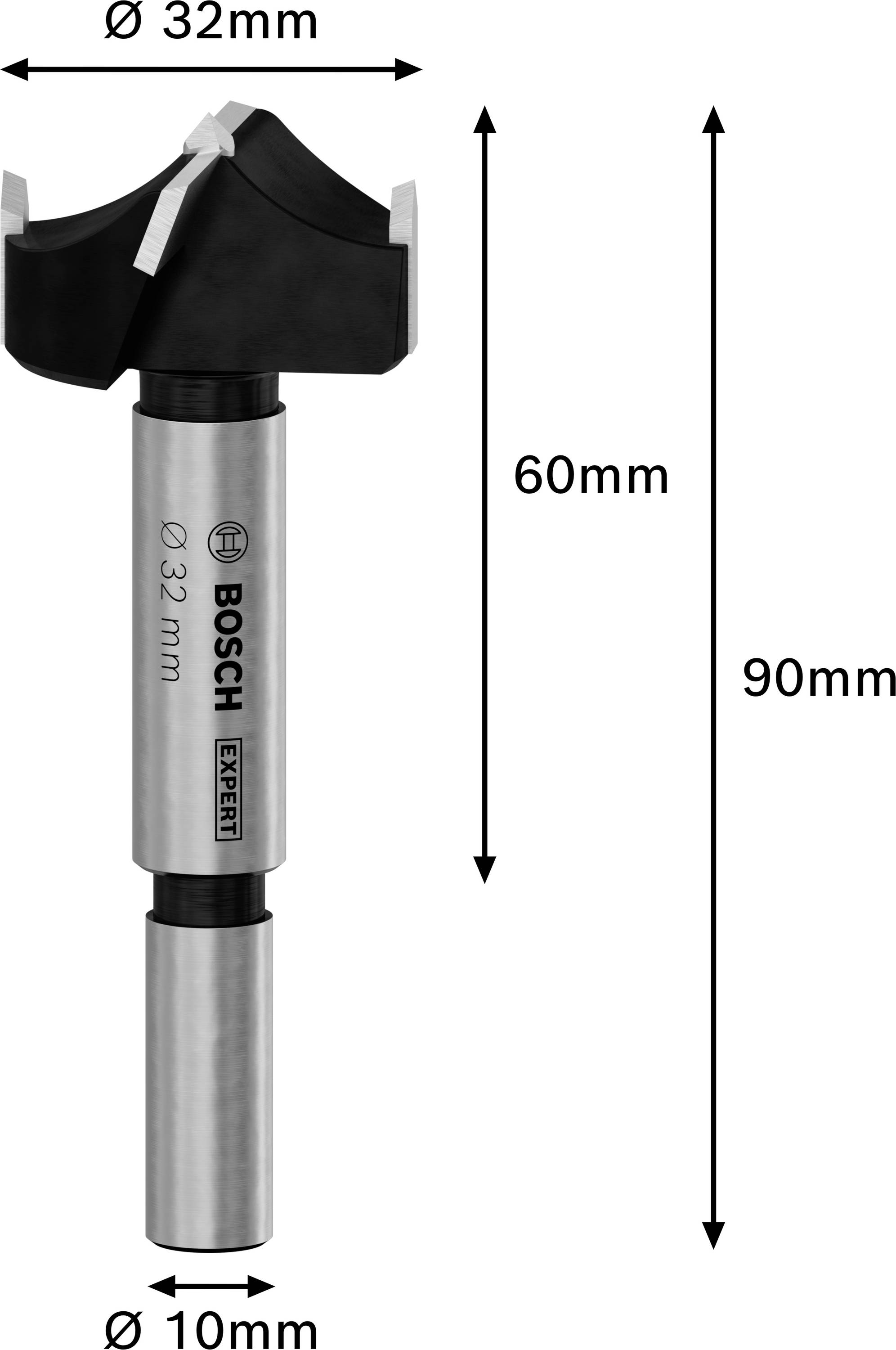 Forstnerbohrer mit Ø 32 mm und Gesamtlänge 90 mm. Marke 'Bosch Expert'. Details in Millimetern beschriftet.