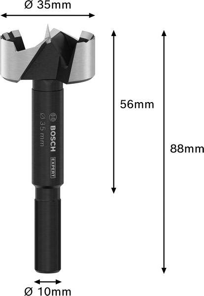 'Bosch Expert' Holzbohrer mit Zentrierspitze, Durchmesser 35mm. Gesamtlänge 88mm, Schaftdurchmesser 10mm. Länge des Bohrkopfs 56mm.