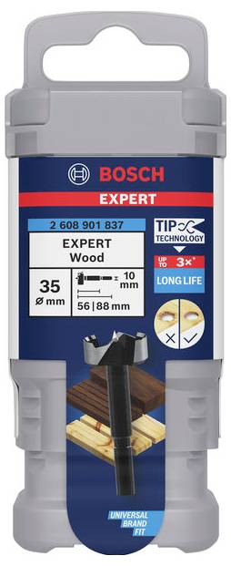 Produktbild eines Bosch Expert Holzbohrers, 35 mm Durchmesser, 56/88 mm Länge, geeignet für Holz, mit 3-facher Lebensdauer.