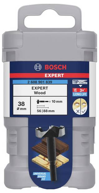 Bohrer für Holz von Bosch, „Expert Wood“, 38 mm Durchmesser, für Tiefen von 56 und 88 mm, universeller Einsatz, lange Lebensdauer.