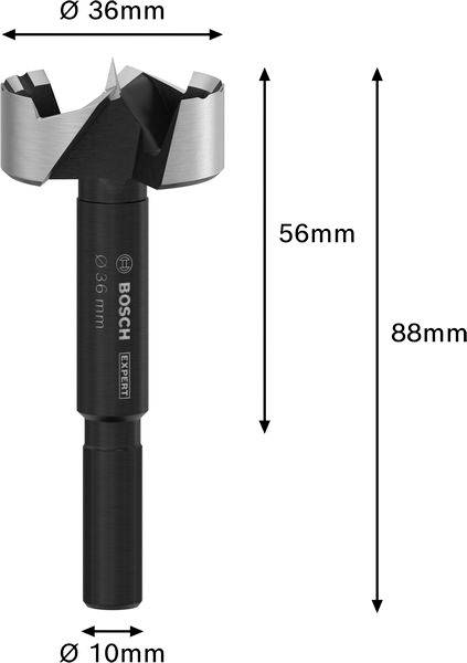 Forstnerbohrer, Ø 36 mm, Gesamtlänge 88 mm, Schaftdurchmesser 10 mm, Schwarz mit silberner Schneide, für Holzarbeiten geeignet.