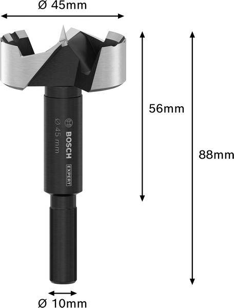 Forstnerbohrer mit markierten Abmessungen: Gesamtlänge 88 mm, Kopf 45 mm Durchmesser, Schaft 10 mm Durchmesser.