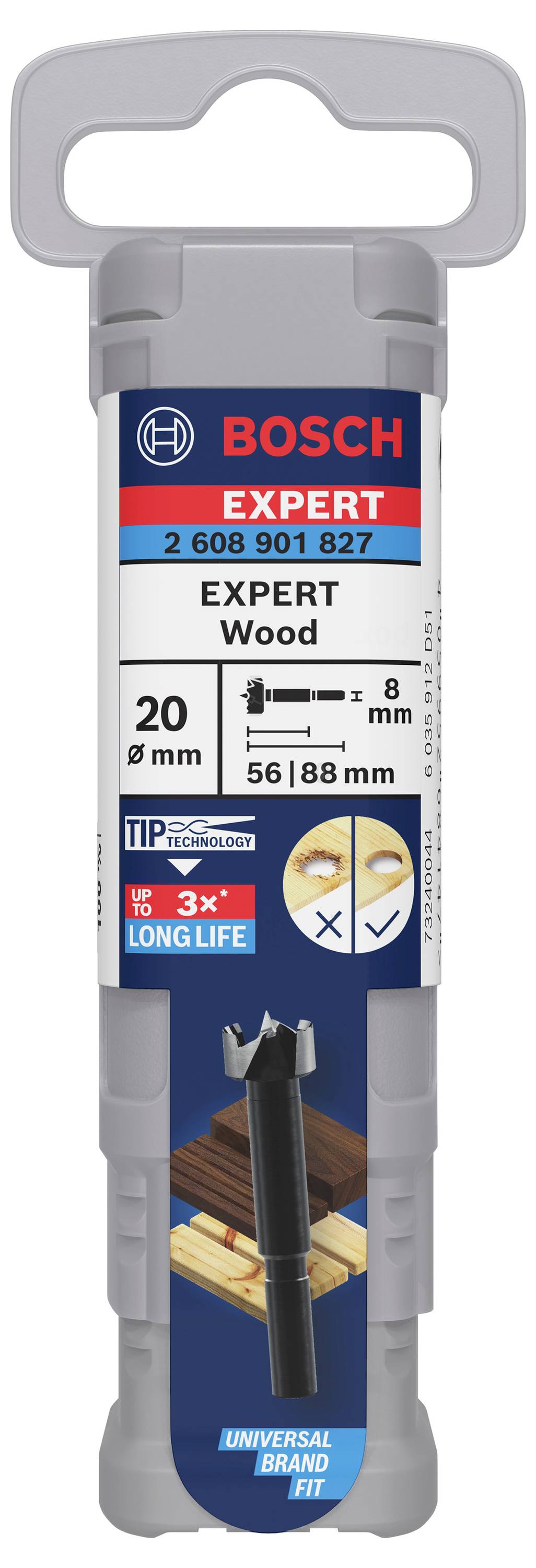 Der Bohrer 'BOSCH EXPERT Wood' hat einen Durchmesser von 20 mm. Länge: 56/88 mm. Enthält 1 Werkzeug. Geeignet für Holzarbeiten.
