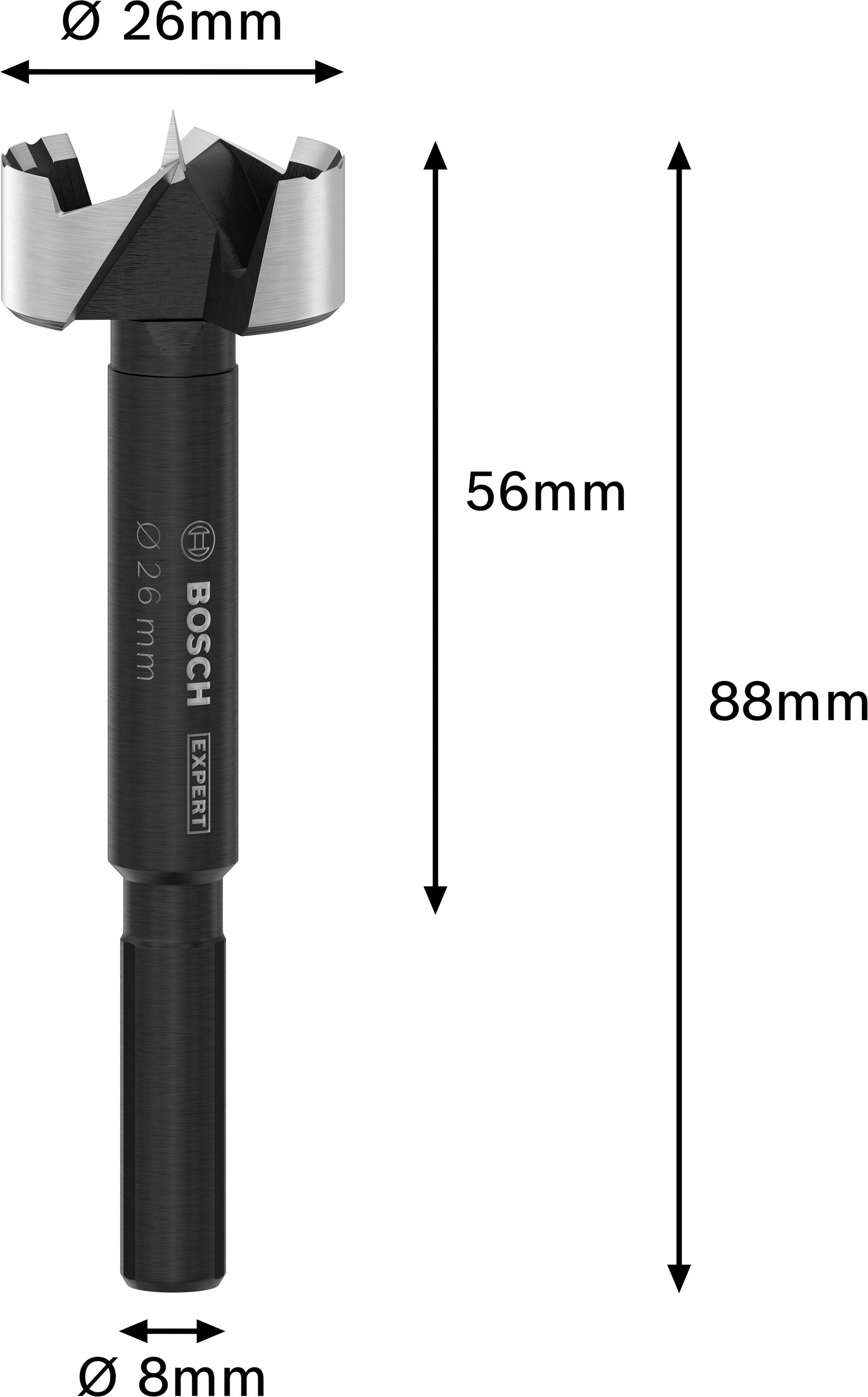 'Forstnerbohrer' aus dem 'Bosch Expert' Set, 26 mm Durchmesser, mit einer Länge von 88 mm; geeignet für präzise Holzbohrungen.