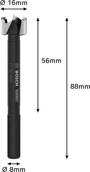 Ein Forstnerbohrer von 16 mm Durchmesser mit einer Gesamtlänge von 88 mm. Der Schaftdurchmesser beträgt 8 mm, die Länge bis zur Spitze 56 mm.