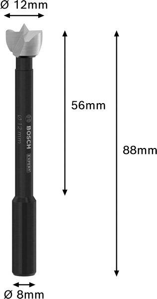Bohrkrone der Marke Bosch, insgesamt 88 mm lang mit einem Durchmesser von 12 mm an der Spitze und 8 mm am Schaft.