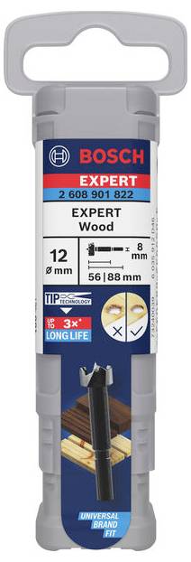 'Bosch Expert Wood' Fräsbohrer, 12 mm Durchmesser, 56 mm Länge. Geeignet für Holz, langlebig, präzises Bohren.
