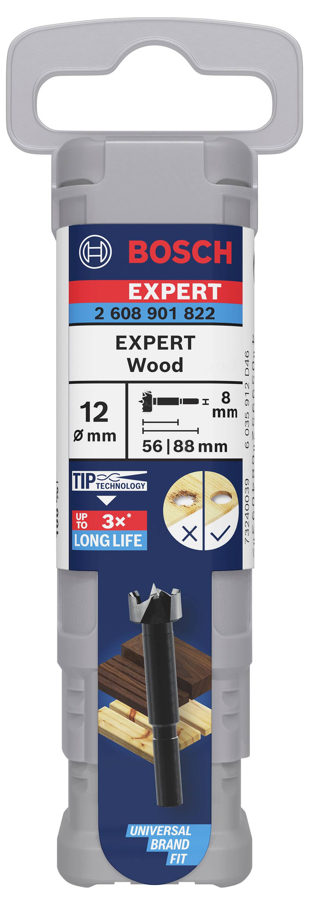 Bohrer-Verpackung mit Aufschrift 'Bosch Expert Wood', Durchmesser 12 mm, Länge 56/88 mm, geeignet für Holz; zeigt Bild des Bohrers.