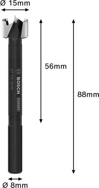 Abgebildet ist ein Forstnerbohrer von Bosch mit einem Durchmesser von 15 mm, einer Gesamtlänge von 88 mm und einer Schaftlänge von 56 mm.
