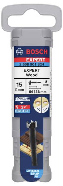 'Bosch Expert Wood' Bohrer in grauer Verpackung, passend für 15 mm Durchmesser und 56/88 mm Länge, geeignet für Holzarbeiten.