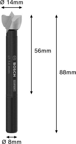 Abgebildet ist ein Bohrer von Bosch mit den Maßen: Länge 88 mm, Spitze Ø 14 mm, Schaft Ø 8 mm, zweiter Teil 56 mm.