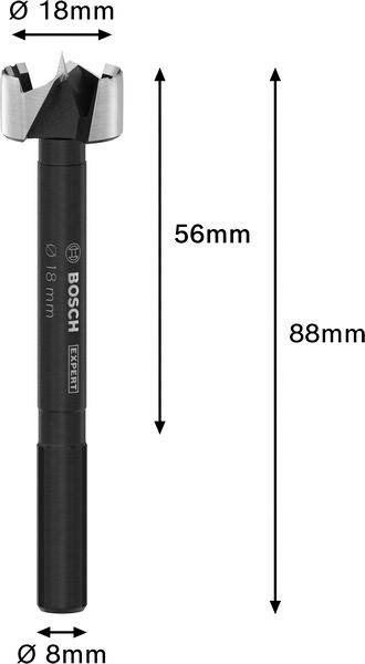 Forstnerbohrer von Bosch. Gesamtlänge 88 mm, Schneidedurchmesser 18 mm, Schaftdurchmesser 8 mm. Bohrlänge 56 mm.