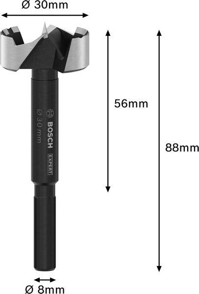 'Bosch Expert' Forstnerbohrer mit Gesamtlänge von 88 mm, Bohrerdurchmesser 30 mm, Schaftdurchmesser 8 mm, Schneidteil 56 mm lang.