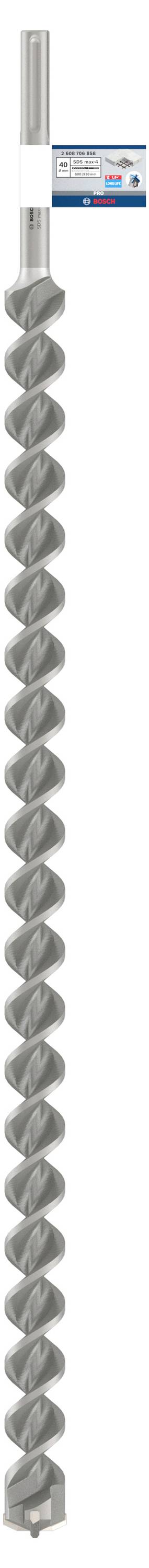 'Bosch SDS max-8X Bohrer' im blauen Etikett auf langer, silberner Metallbohrer.