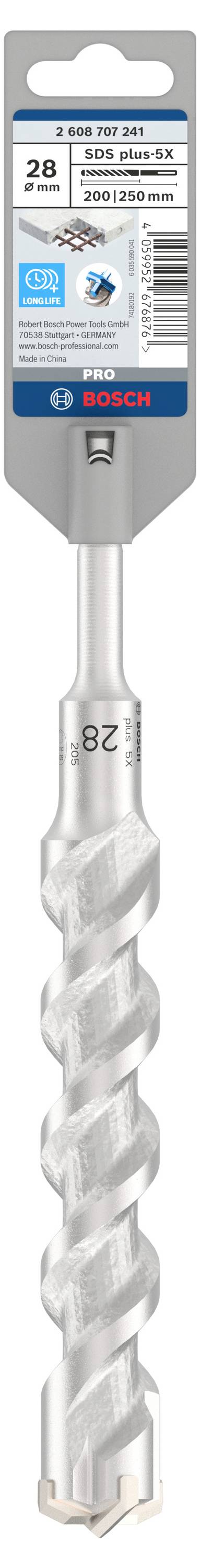 Ein Bosch Steinbohrer mit Verpackungsetikett, angegeben als geeignet für Beton. Der Bohrer hat eine spiralförmige Klinge und die Größe 12 mm.